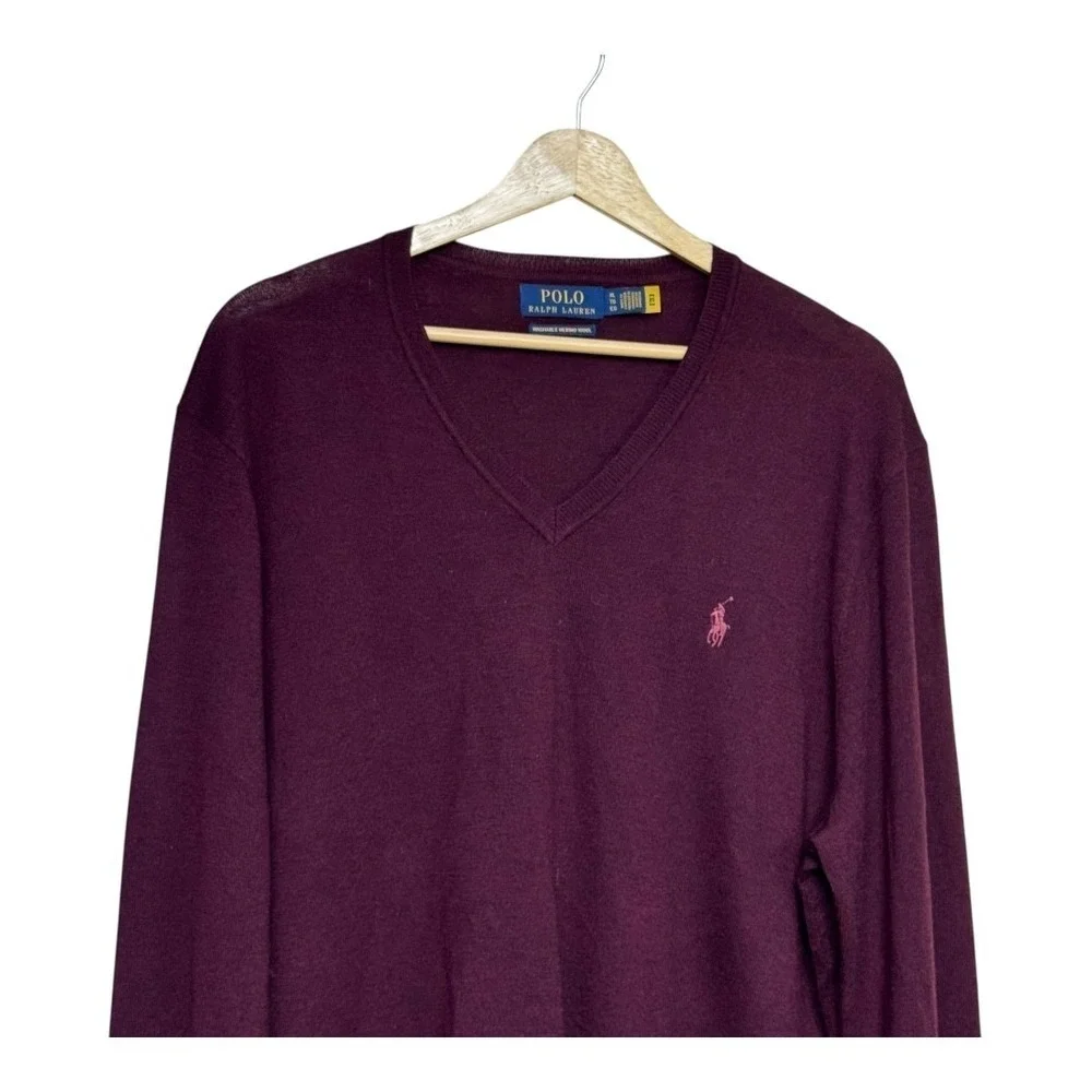 Polo Ralph Lauren Men's Burgundy V-Neck Washable Merino Wool Sweater XL